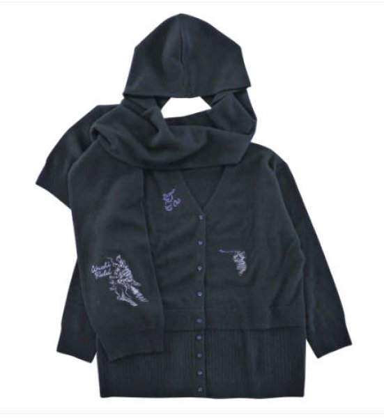 画像1: フードマフ付Ｖカーデ　Ｆ　落書き　黒 (1)